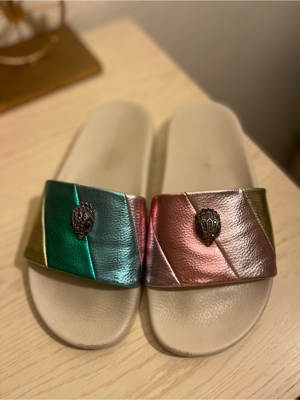 Kurt Geiger Metallic Green Pink Slide Sandals